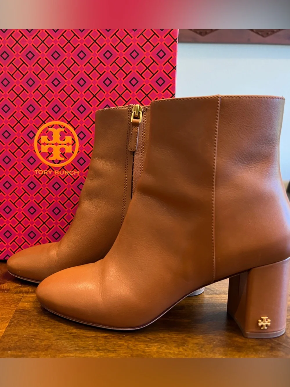 Tory Burch Tan Leather Zip Ankle Boots